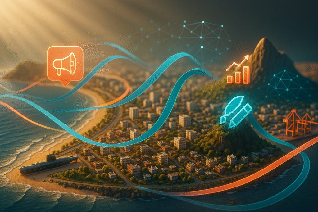 Miniature diorama of Vizag landmarks with glowing ribbons and floating icons symbolizing branding services like advertising, creative design, digital marketing, and business growth in Hezemon brand colors.